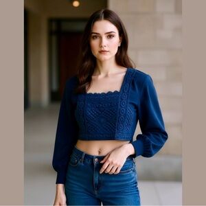 Gorgeous Bohemian Navy Blue Lace Crop Top with sheer willowy sleeves